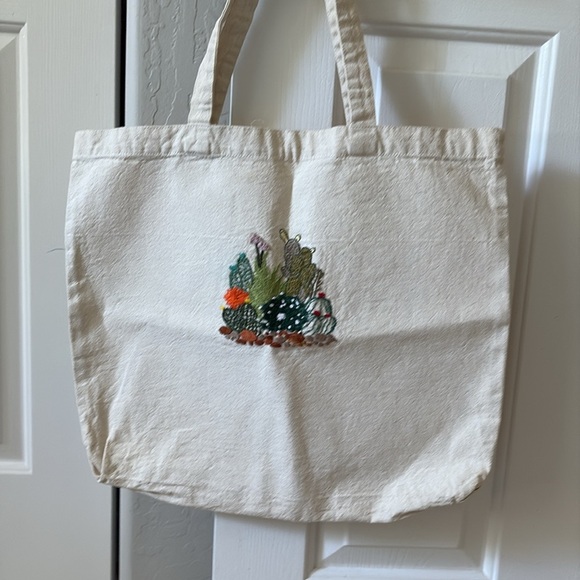 Hand Embroidered Cactus Canvas Tote Bag - Picture 2 of 2